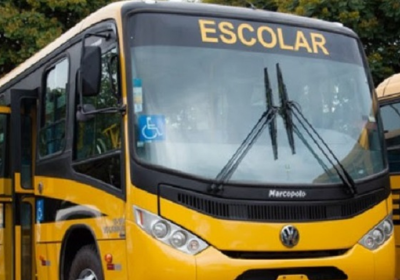 Ônibus escolar amarelo com detalhes pretos, da marca Marcopolo e montadora Volkswagen, estacionado em local arborizado. Na janela dianteira, há o símbolo de acessibilidade visível.