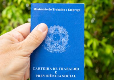 Mão segurando uma Carteira de Trabalho e Previdência Social de capa azul, com o brasão da República do Brasil e o título em letras brancas, em frente a um fundo desfocado de folhas verdes.