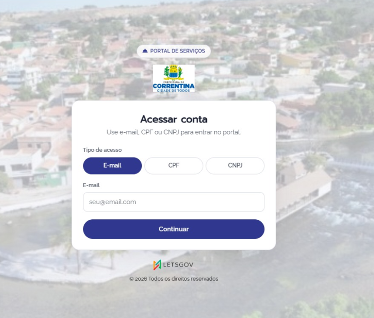Tela de acesso ao portal Correntina Inteligente, com opções de e-mail, CPF ou CNPJ.