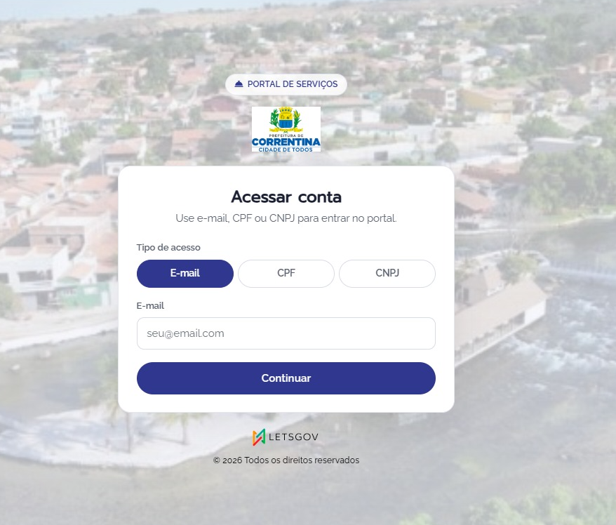 Tela de acesso ao portal Correntina Inteligente, com opções de e-mail, CPF ou CNPJ.