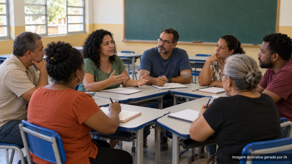 Ilustração gerada por IA de adultos reunidos em uma sala de aula para debater planejamento educacional; a cena é fictícia e não retrata uma reunião real do PME de Correntina.
